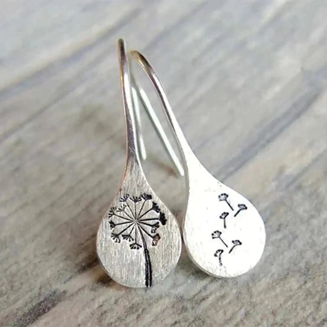 Dandelion Seedhead & Botanical Drop Earrings in Silver Tone — main image