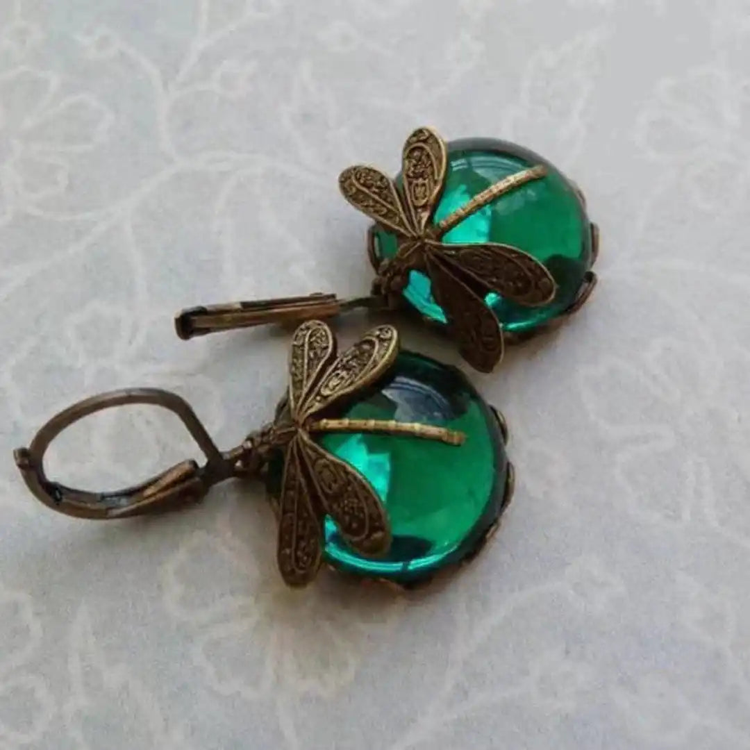 Dragonfly Filigree Drop Earrings with Gemstone Cabochons in Antique Gold Tone