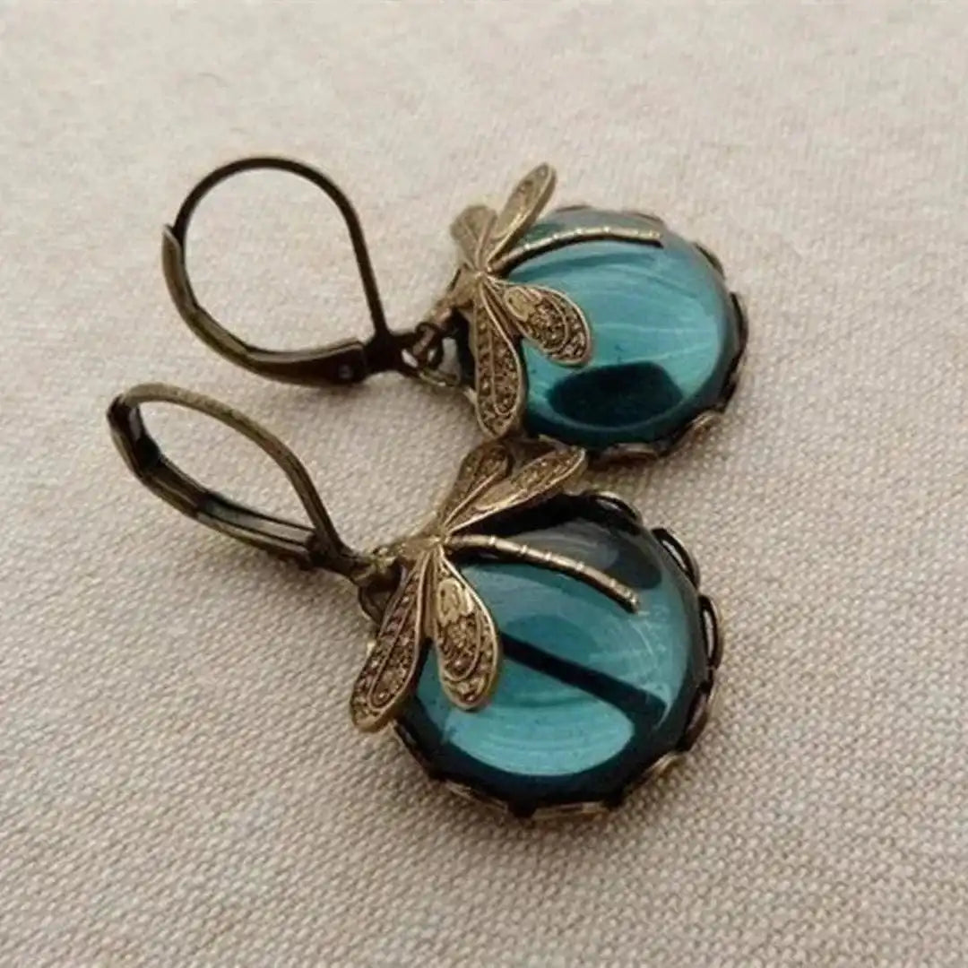 Dragonfly Filigree Drop Earrings with Gemstone Cabochons in Antique Gold Tone