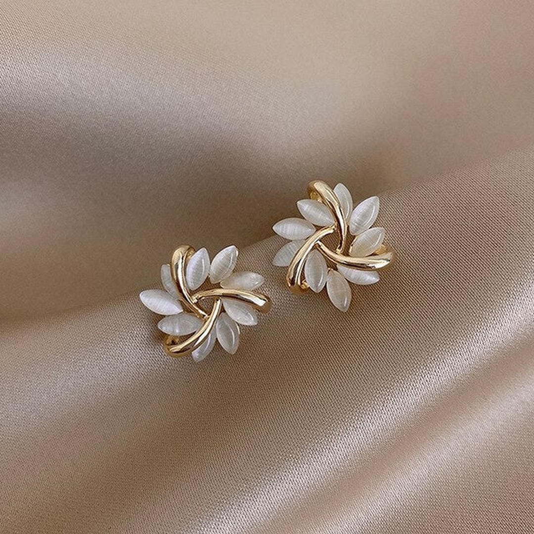 Floral White Opal Stud Earrings with Gold-Tone Setting