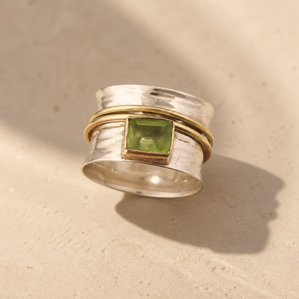 Emerald-Cut Peridot Ring with Textured Mixed-Metal Band — main image