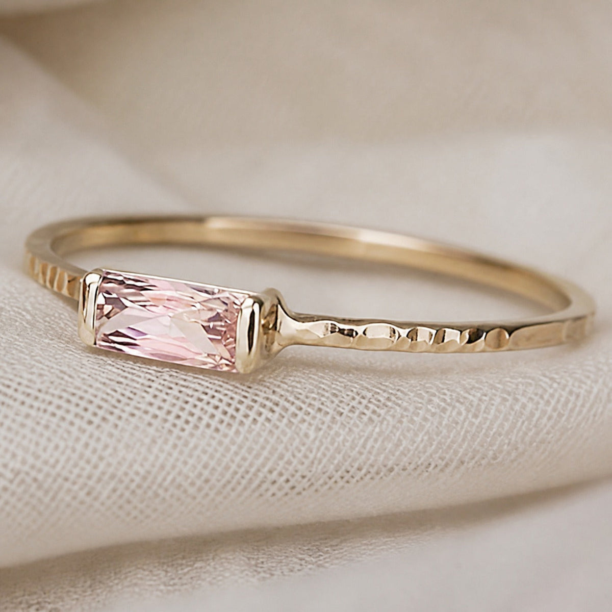 Vintage Baguette Cubic Zirconia Ring, Bezel-Set with Hammered Band — view 2