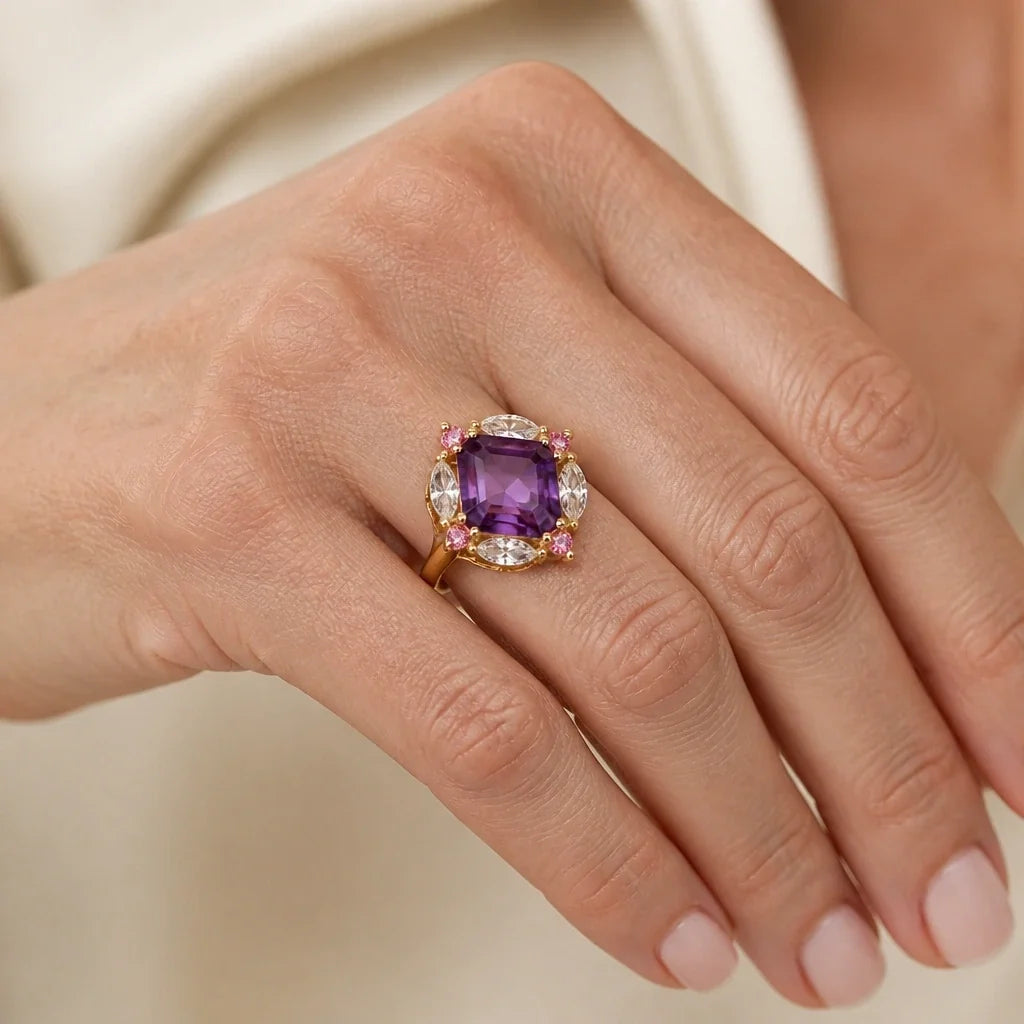 Cushion-Cut Amethyst Halo Ring with Pink and White Accent Stones