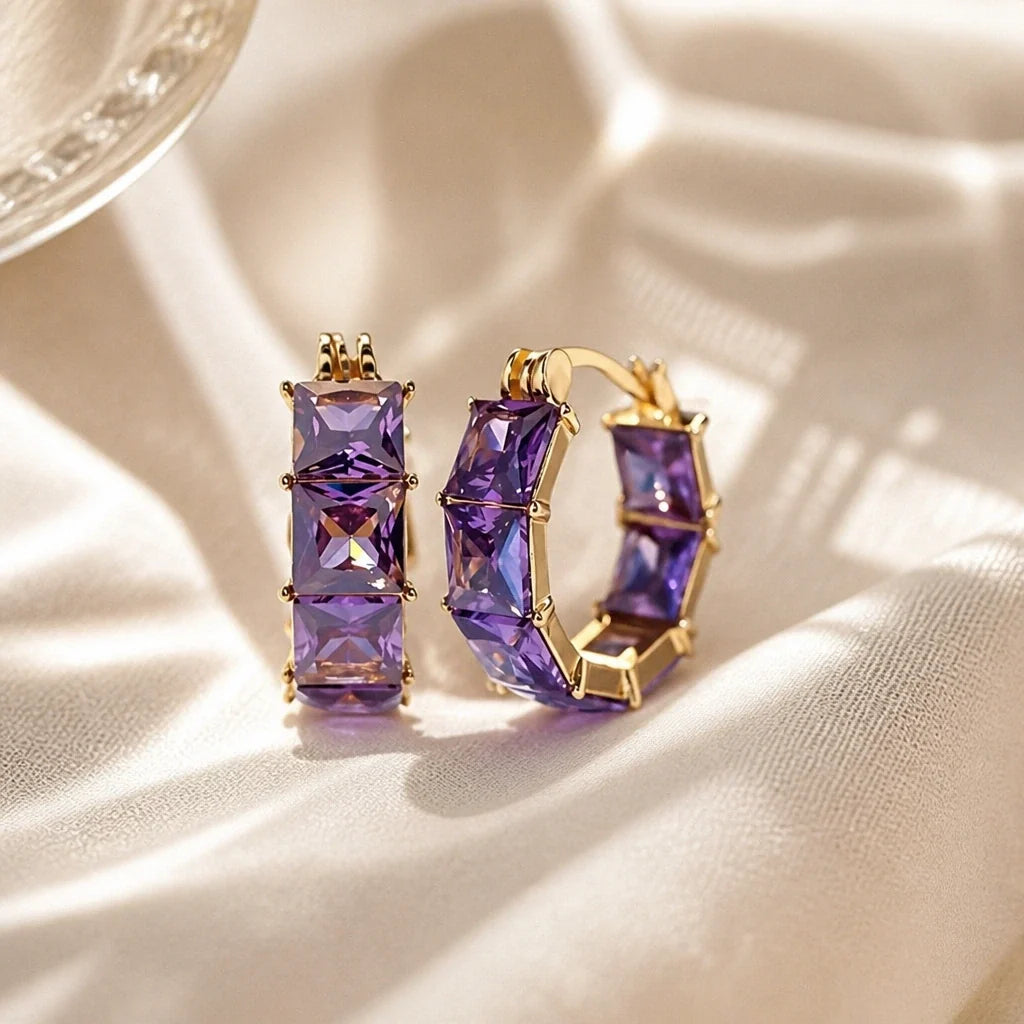 Princess-Cut Amethyst Hoop Earrings with Stacked Stone Design