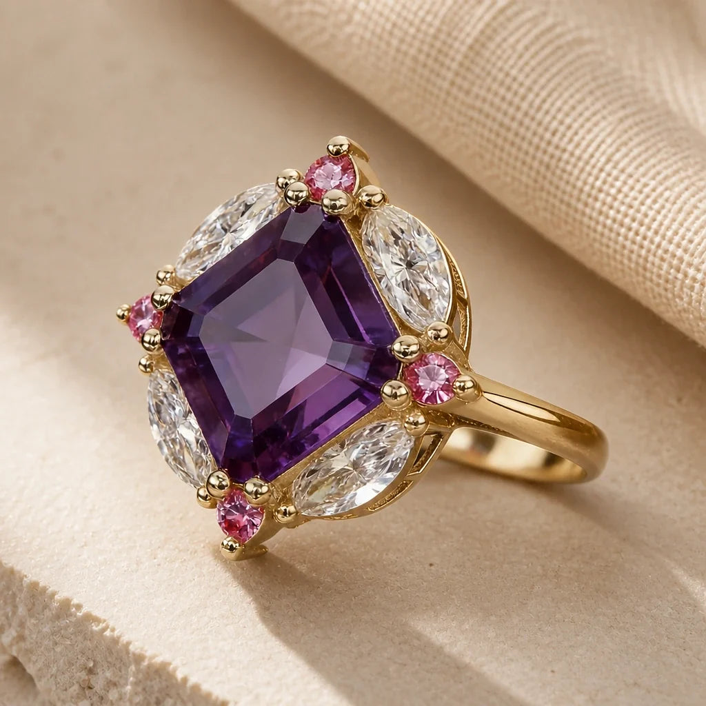 Cushion-Cut Amethyst Halo Ring with Pink and White Accent Stones