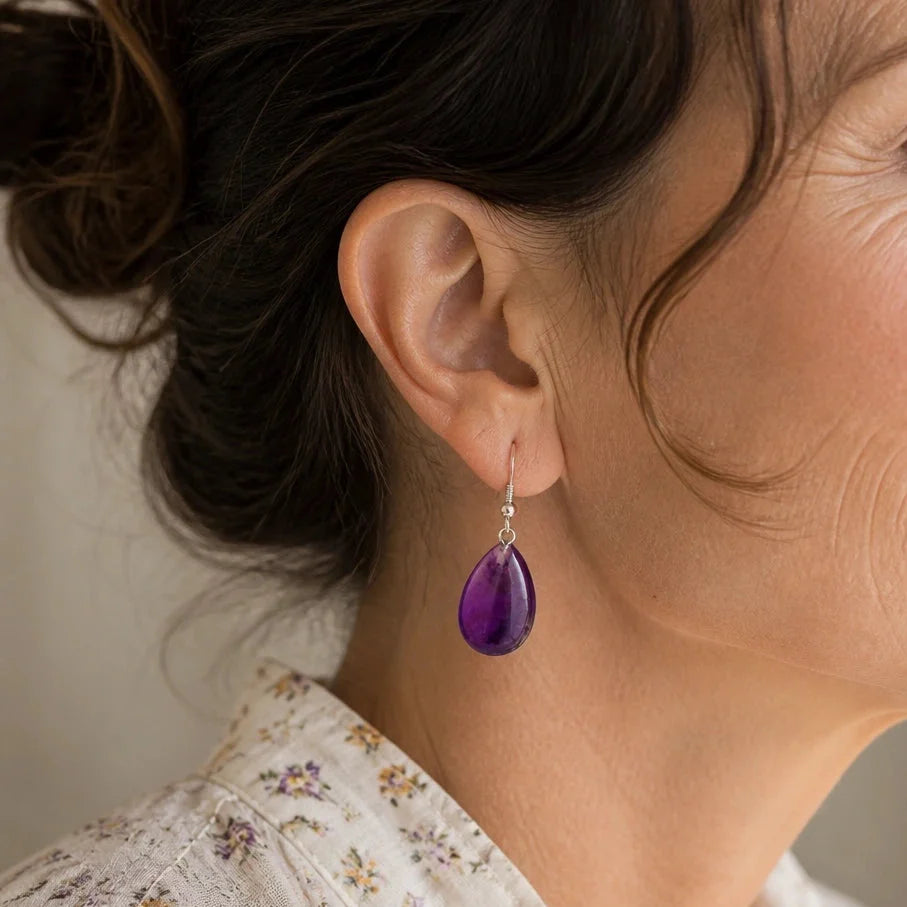 Puffed Teardrop Amethyst Drop Earrings in Silver Tone
