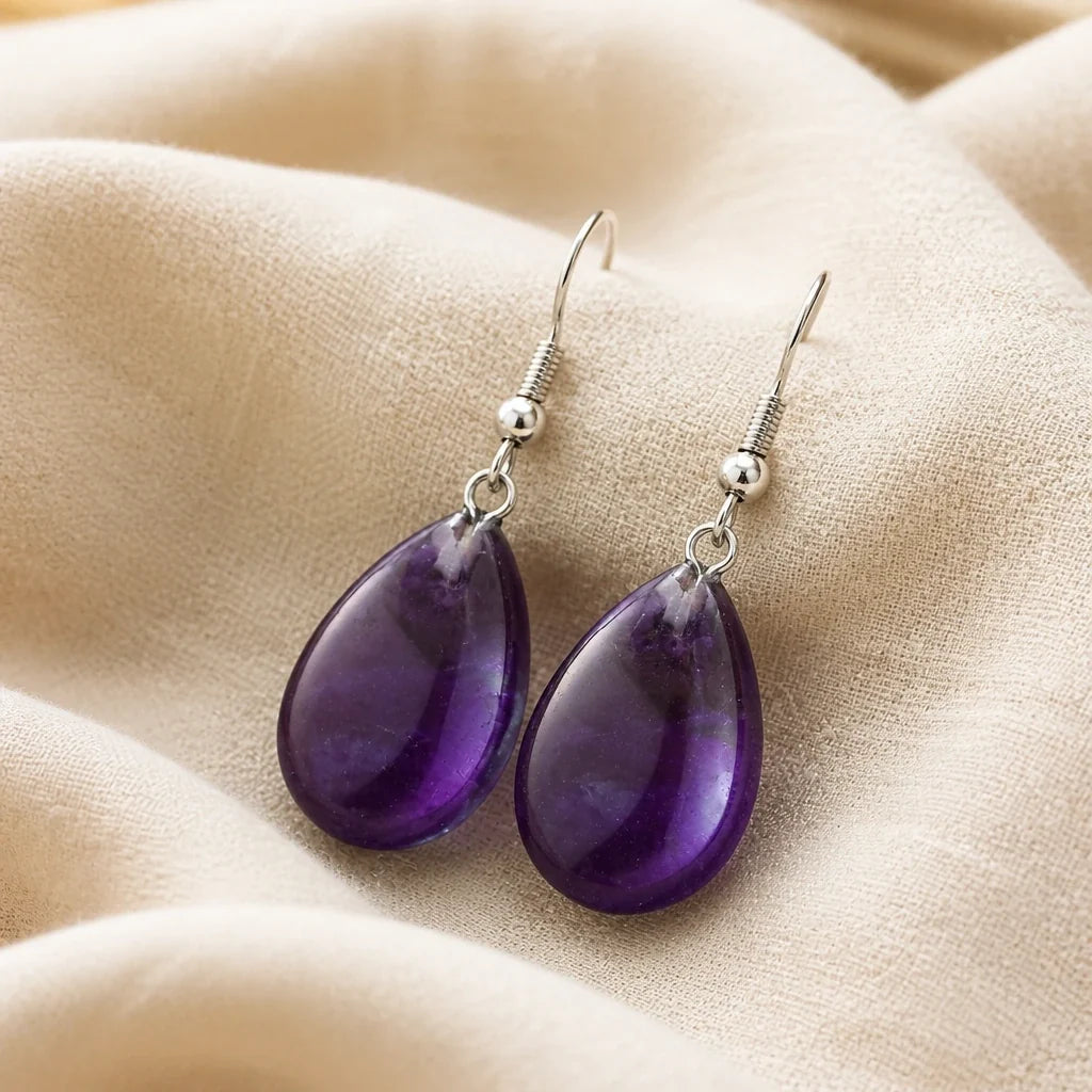 Puffed Teardrop Amethyst Drop Earrings in Silver Tone