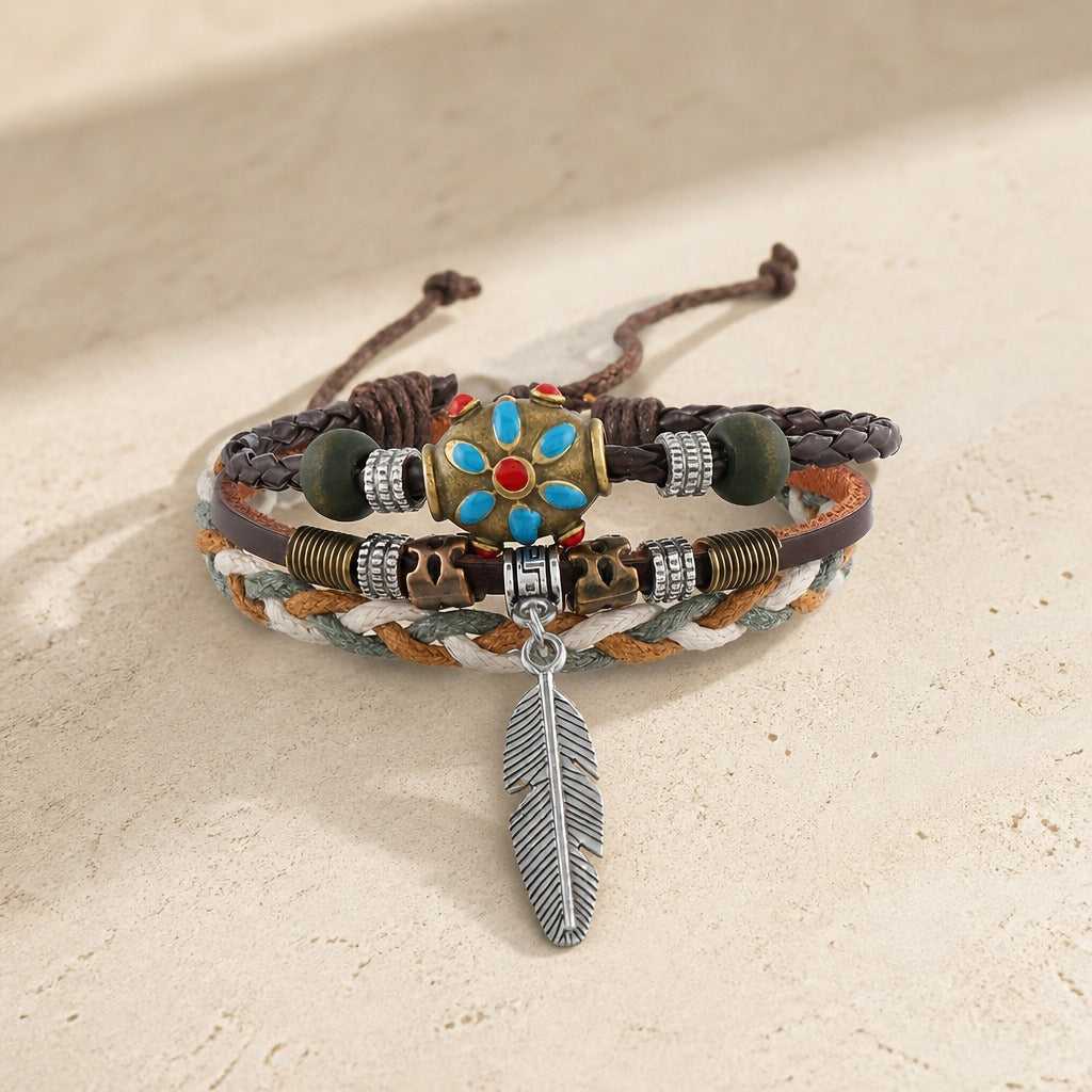 Layered Leather Boho Bracelet with Feather, Moon and Leaf Charms — view 2