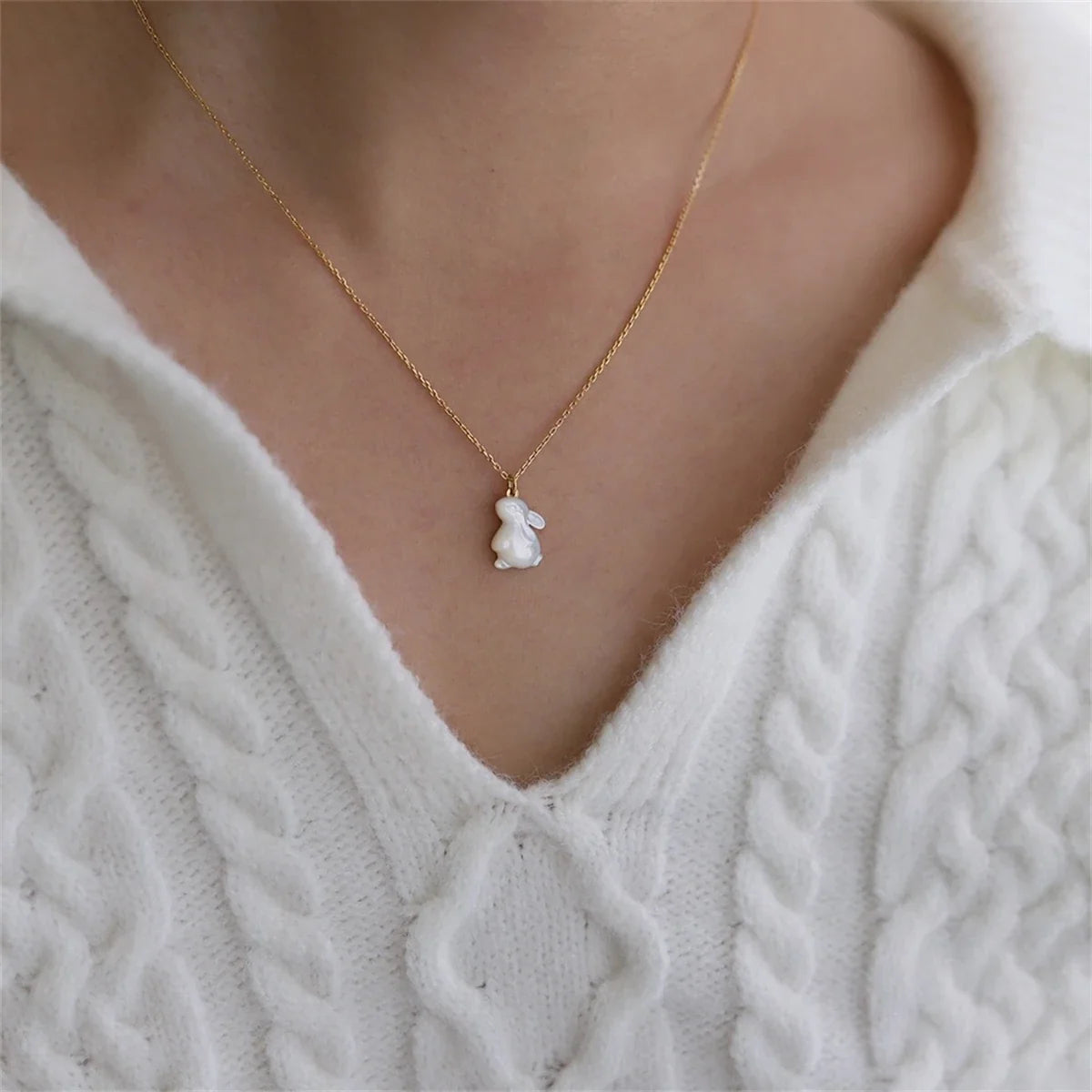 Carved Rabbit Jade Pendant Necklace with Gold-Tone Chain — view 2