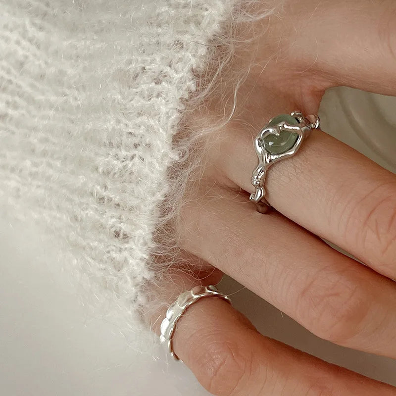 Irregular Jade Ring with Silver-Tone Open Band — view 2