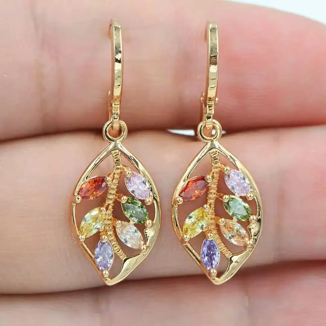 Leaf-Shaped Multi-Color Crystal Drop Earrings with Gold-Tone Lever-Back Closure — view 3