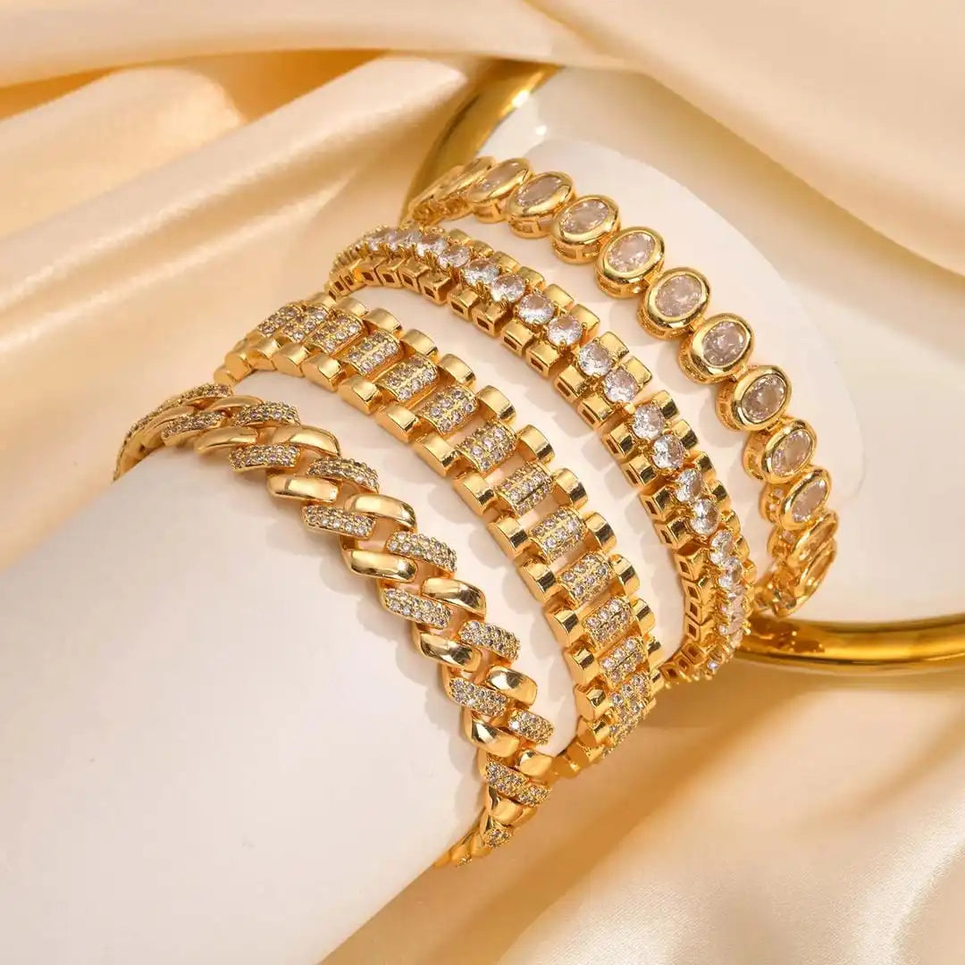 Cubic Zirconia Bracelet Set - 4 Adjustable Gold-Tone Bracelets with Box Clasp