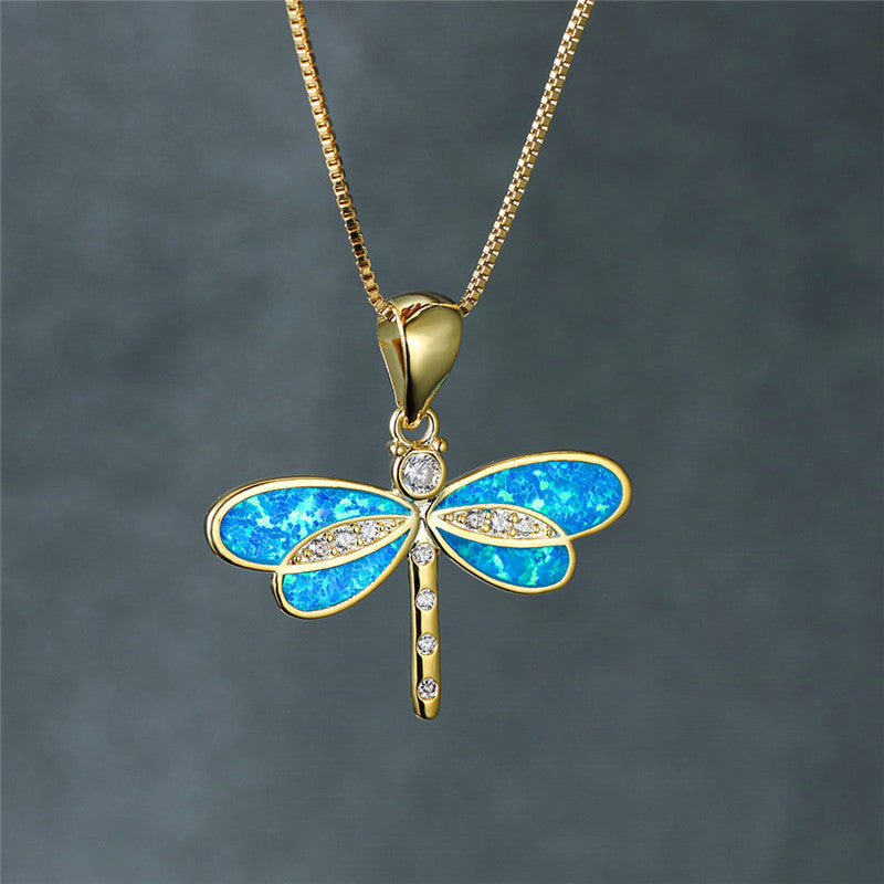 Dragonfly Opal Pendant Necklace with Gold-Tone Chain and Cubic Zirconia Accents — view 3