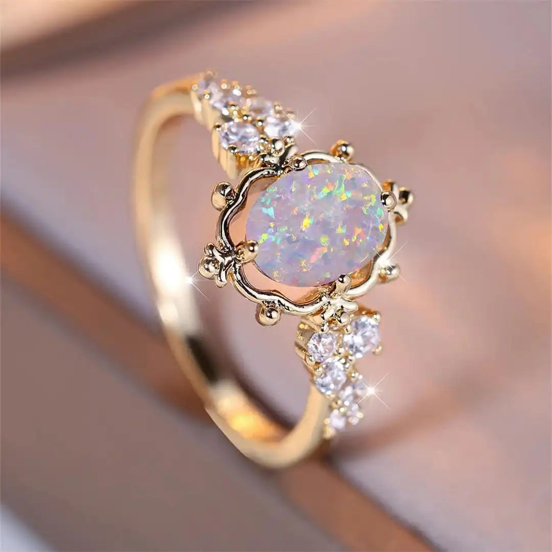 White Opal-Look Ring and Earrings Set - Gold Tone, Oval Stone Ring and Floral Studs - 2 Pieces