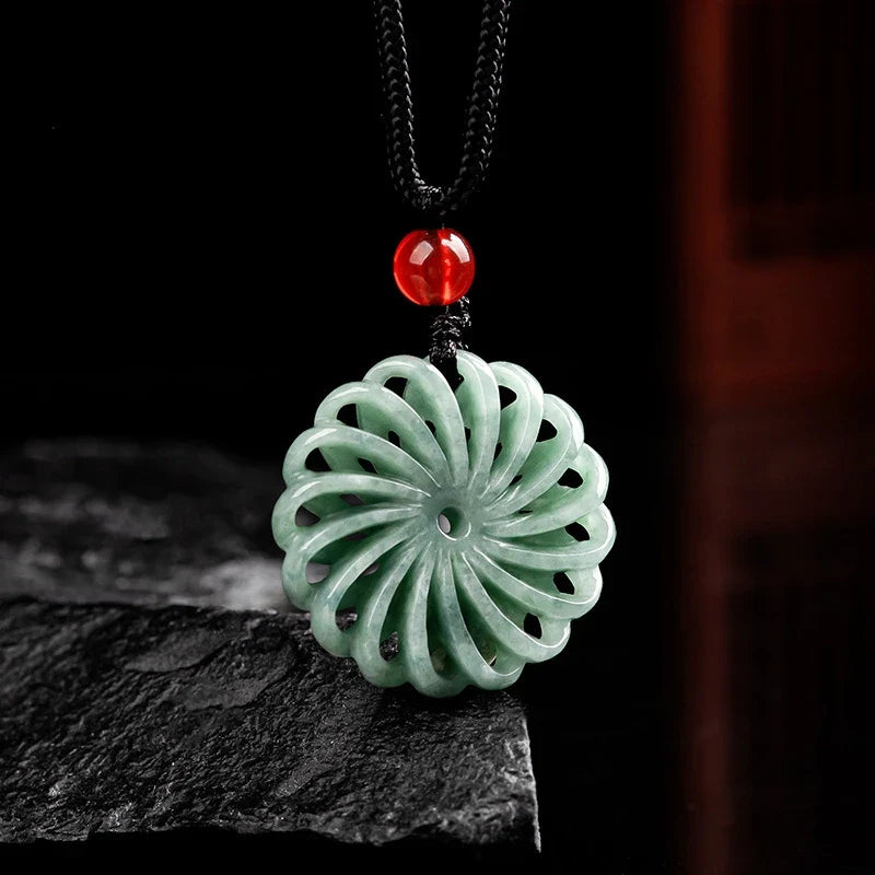 Openwork Geometric Jade Pendant Necklace with Red Bead Accent — main image