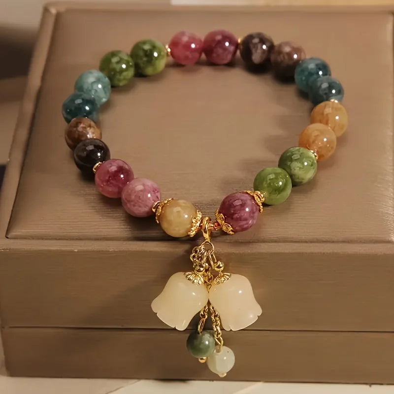 Multi-Color Stone Bead Bracelet with Jade-Tone Flower Charm