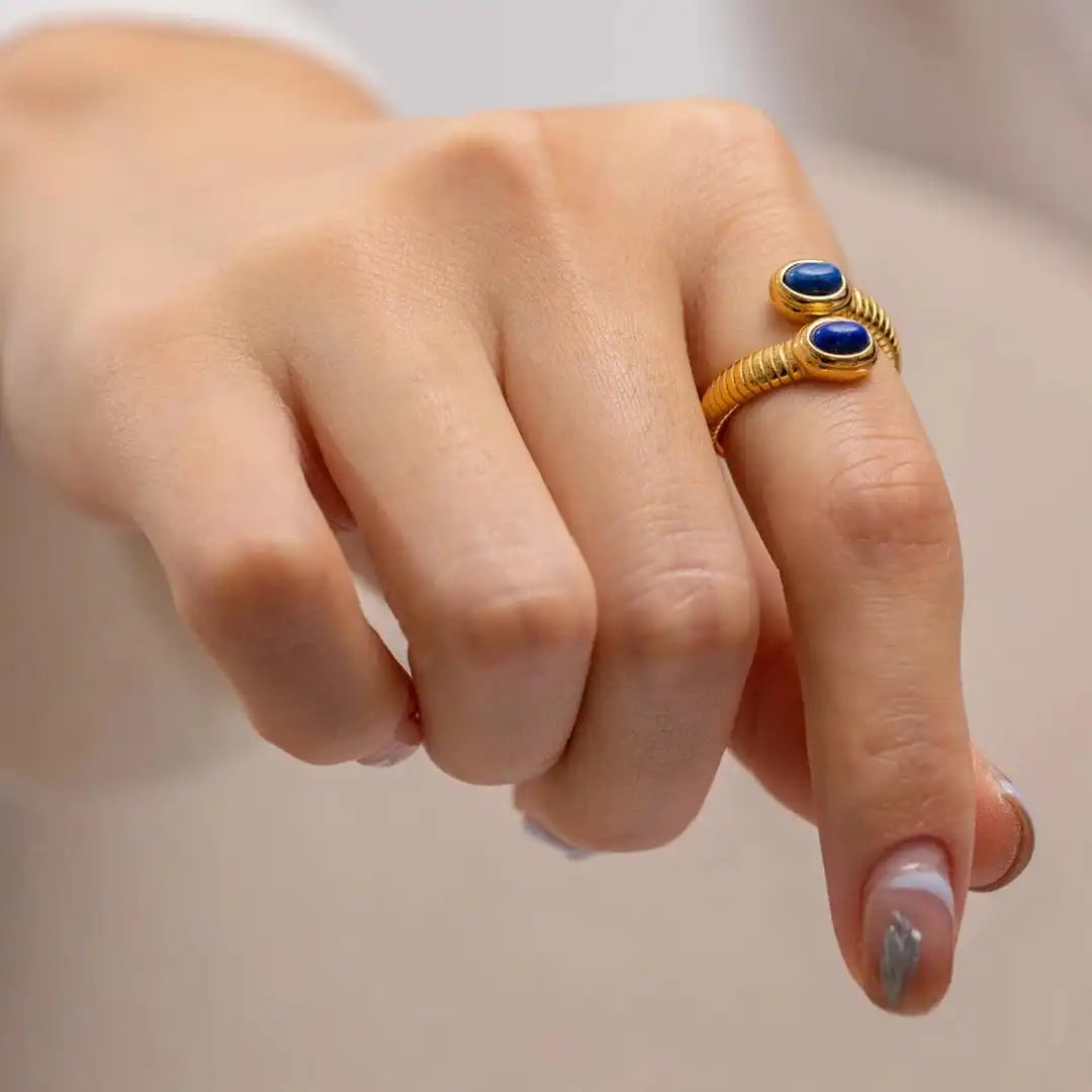 Lapis-Blue Ring and Earrings Set - Gold Tone, Adjustable Wrap Ring and Hammered Square Drops - 2 Pieces