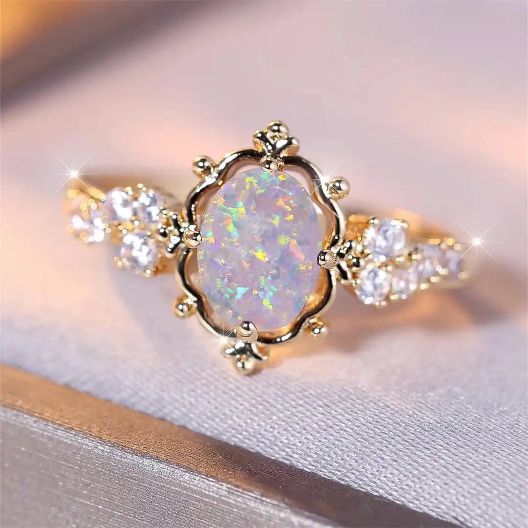 White Opal-Look Ring and Earrings Set - Gold Tone, Oval Stone Ring and Floral Studs - 2 Pieces