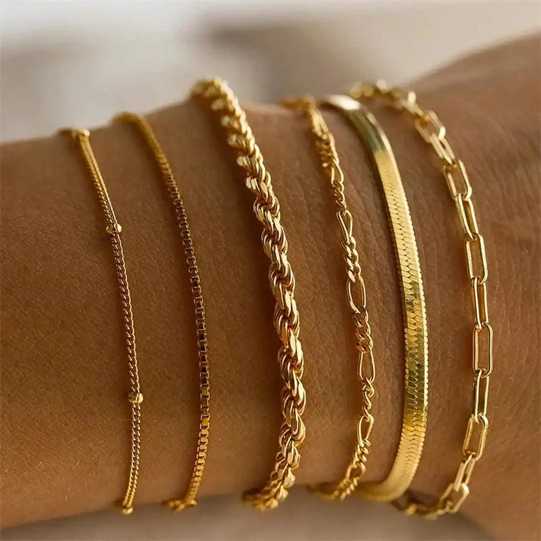 Mixed Metal Chain Bracelet Set, 6 Pieces - Gold, Silver & Rose Gold Tone Layering Bracelets