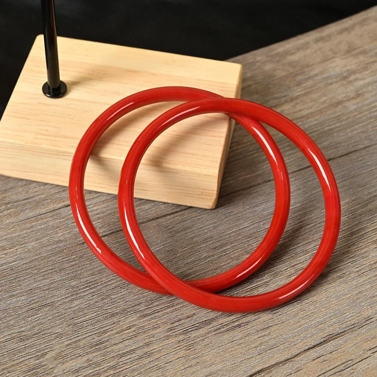 Round Glossy Bangle Bracelet Set in Green, Blue and Red — view 3