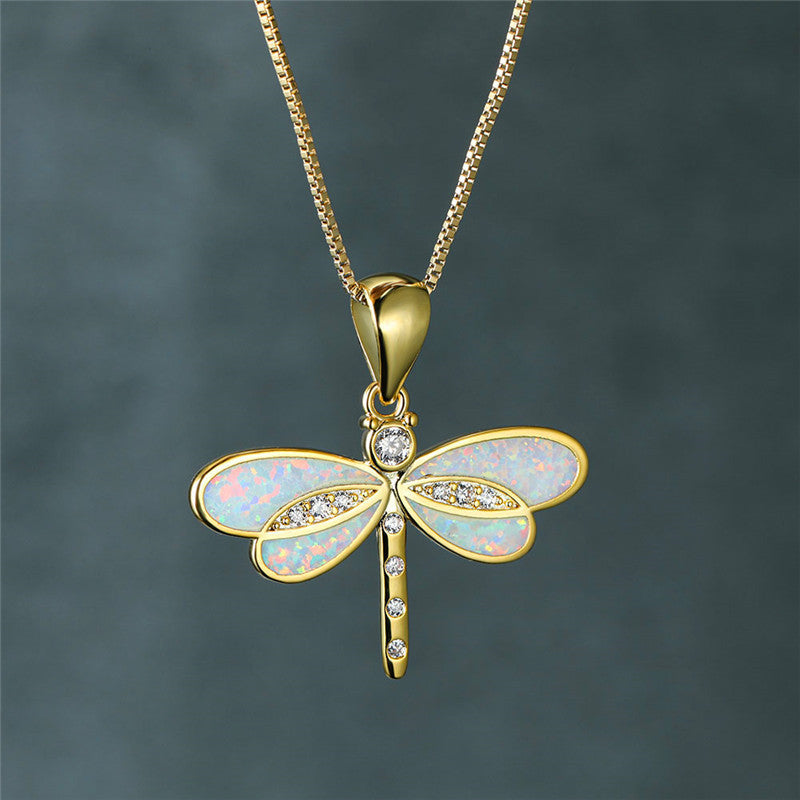 Dragonfly Opal Pendant Necklace with Gold-Tone Chain and Cubic Zirconia Accents — main image
