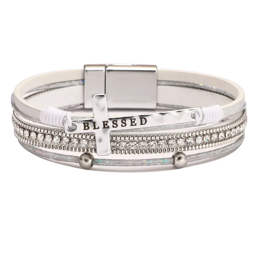 Cross Charm Multi-Strand Layered Bracelet with Rhinestone Band