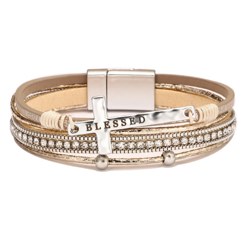 Cross Charm Multi-Strand Layered Bracelet with Rhinestone Band