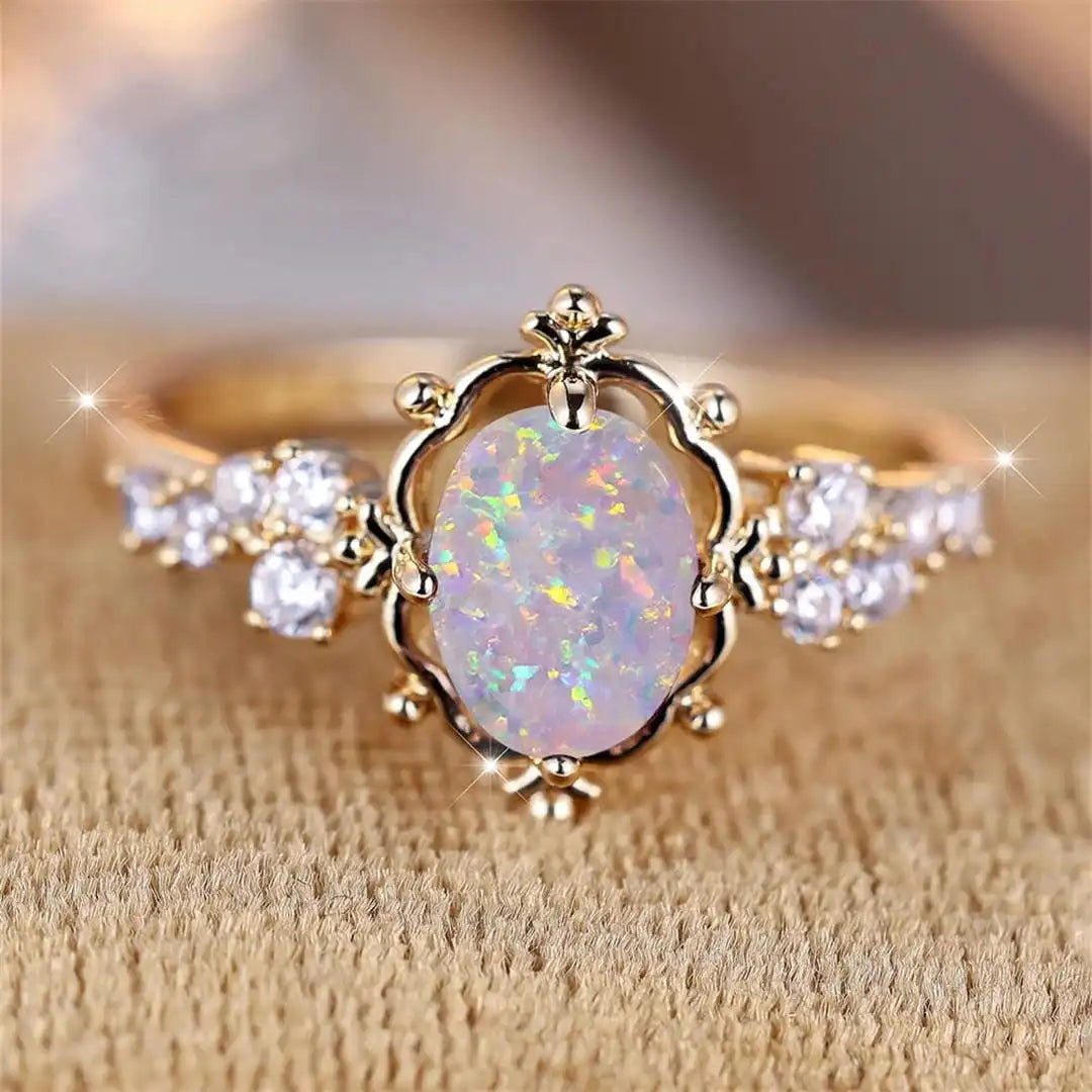 White Opal-Look Ring and Earrings Set - Gold Tone, Oval Stone Ring and Floral Studs - 2 Pieces