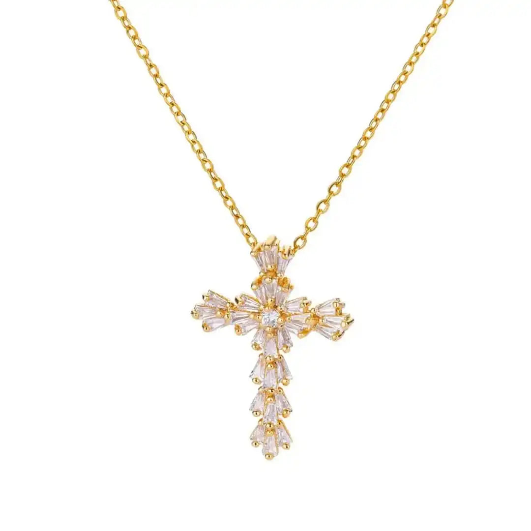 Cross Cubic Zirconia Pendant Necklace with Baguette Stones, Gold or Silver Tone