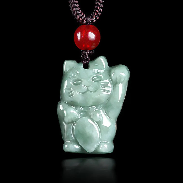 Maneki-Neko Lucky Cat Jade Pendant Necklace with Red Accent Bead — main image