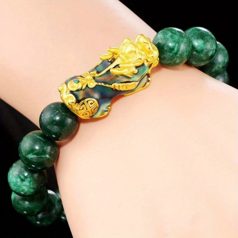 Pixiu Charm Jade Bead Bracelet with Gold-Tone Accent — view 2