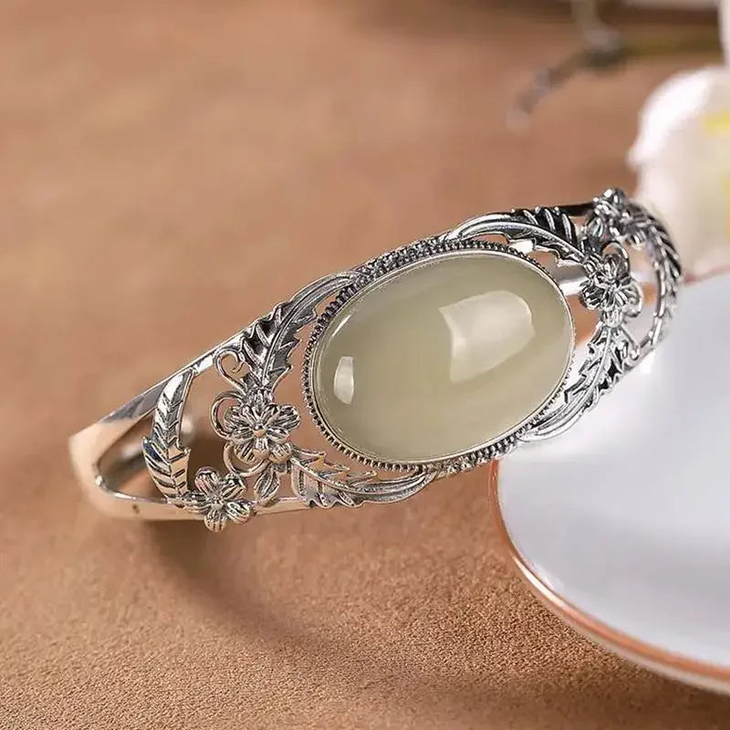 Oval Jade Bangle with Silver-Tone Floral Filigree, Open Cuff Design — view 3