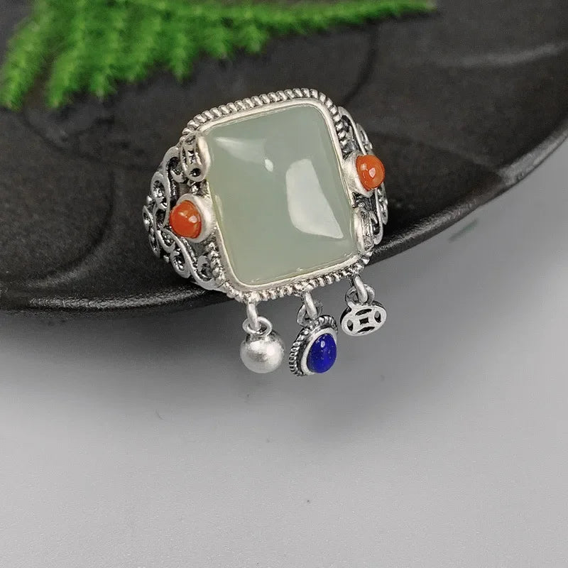 Square Jade Statement Ring with Charm Drops and Scrollwork — view 2