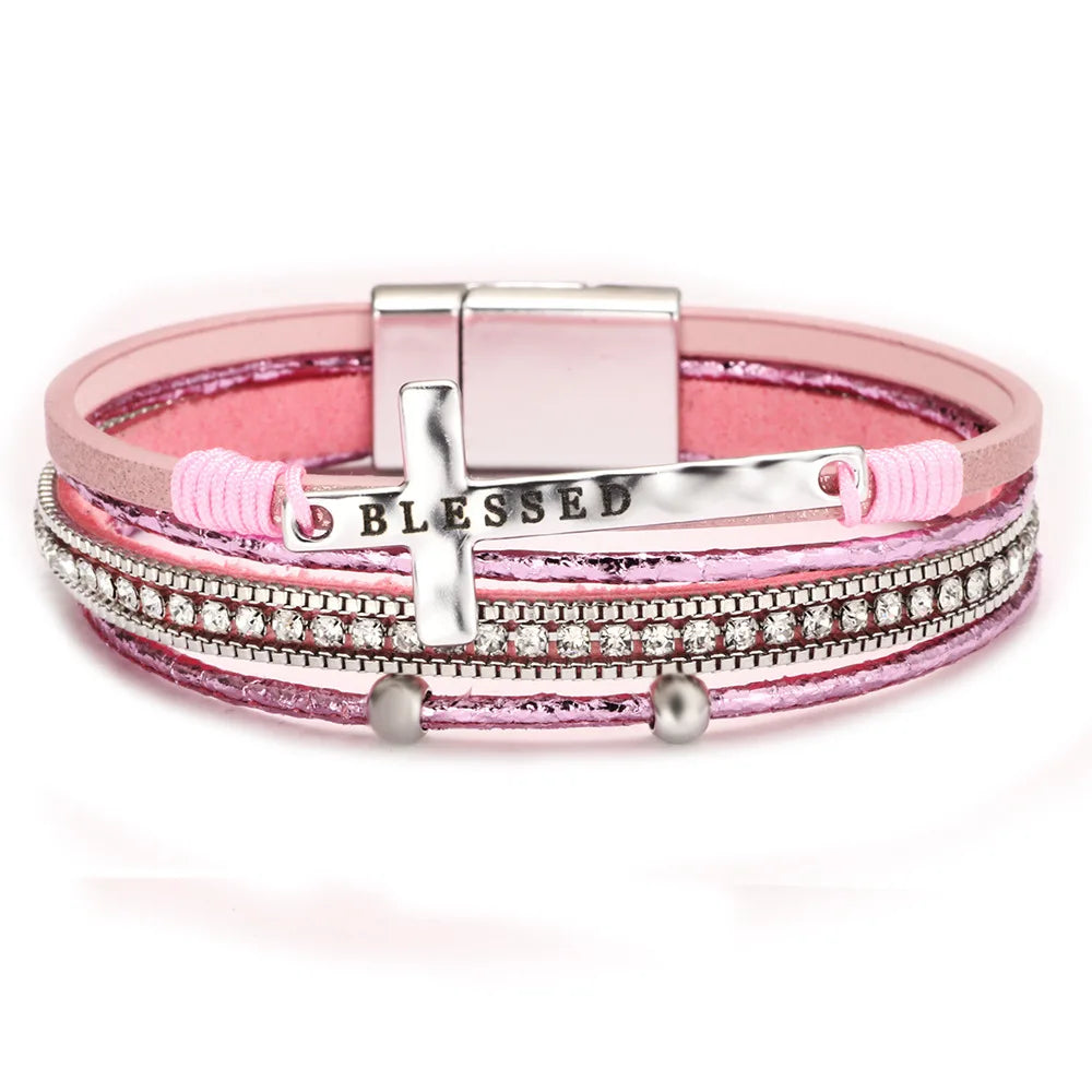 Cross Charm Multi-Strand Layered Bracelet with Rhinestone Band