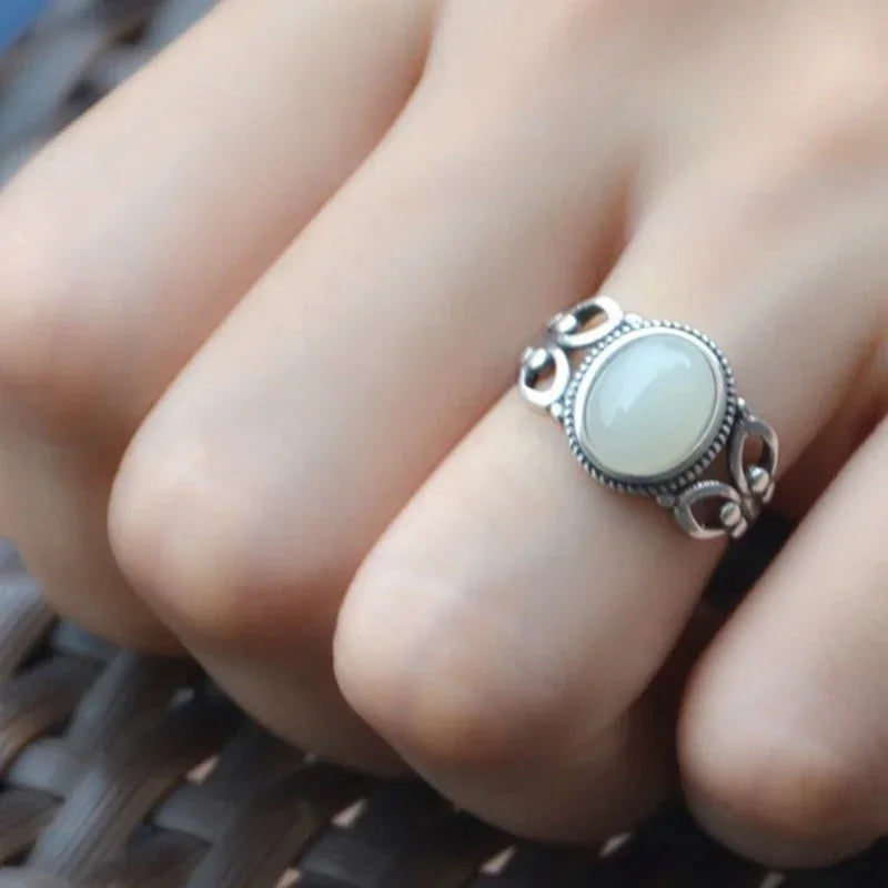 Oval Jade-Toned Stone Ring with Scrolled Silver-Tone Band, Adjustable — view 3