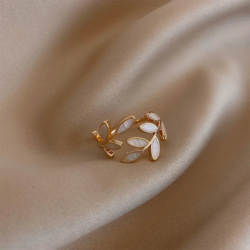 Multi-Leaf White Opal Adjustable Ring in Gold Tone — view 3