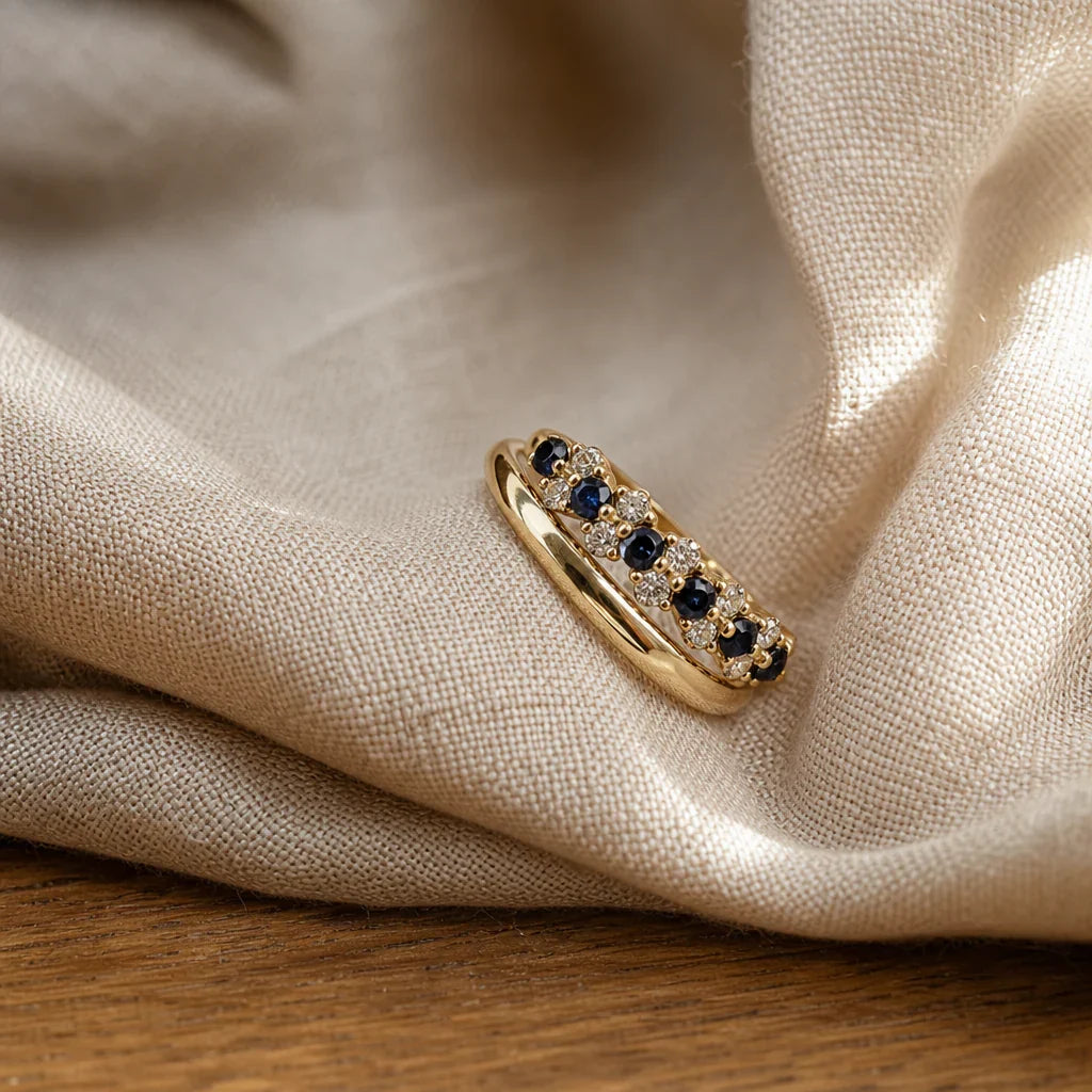 Alternating Sapphire and Clear Stone Ring in Gold Tone