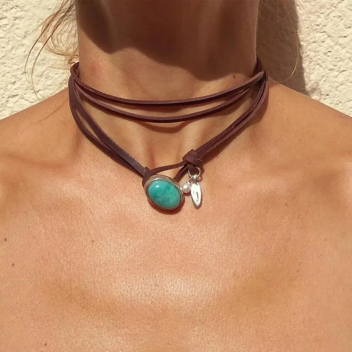 Turquoise Jewelry Set - Wave Ring, Leather Wrap Necklace and Silver-Tone Filigree Cuff - 3 Pieces