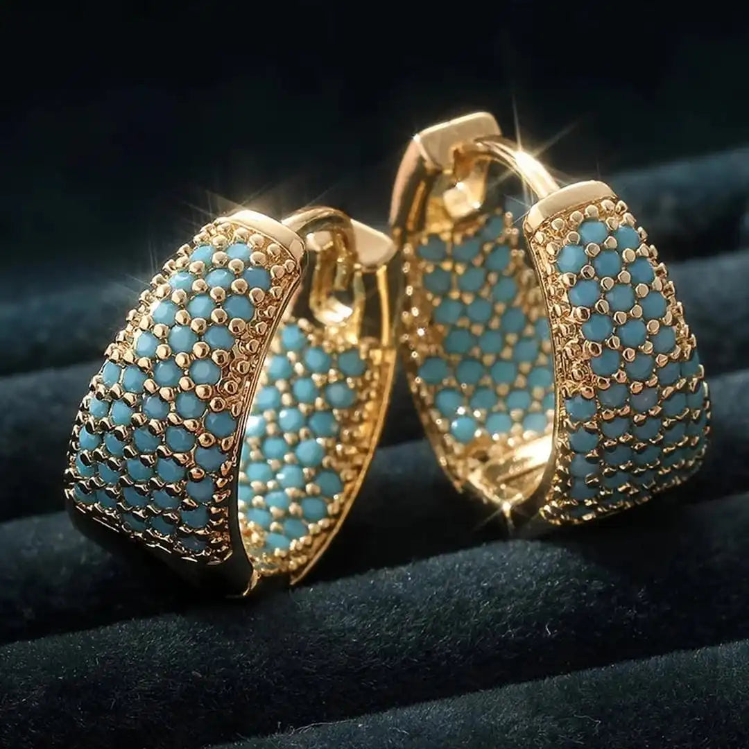 Turquoise Pave Hoop Earrings with Gold-Tone Filigree Detail — main image