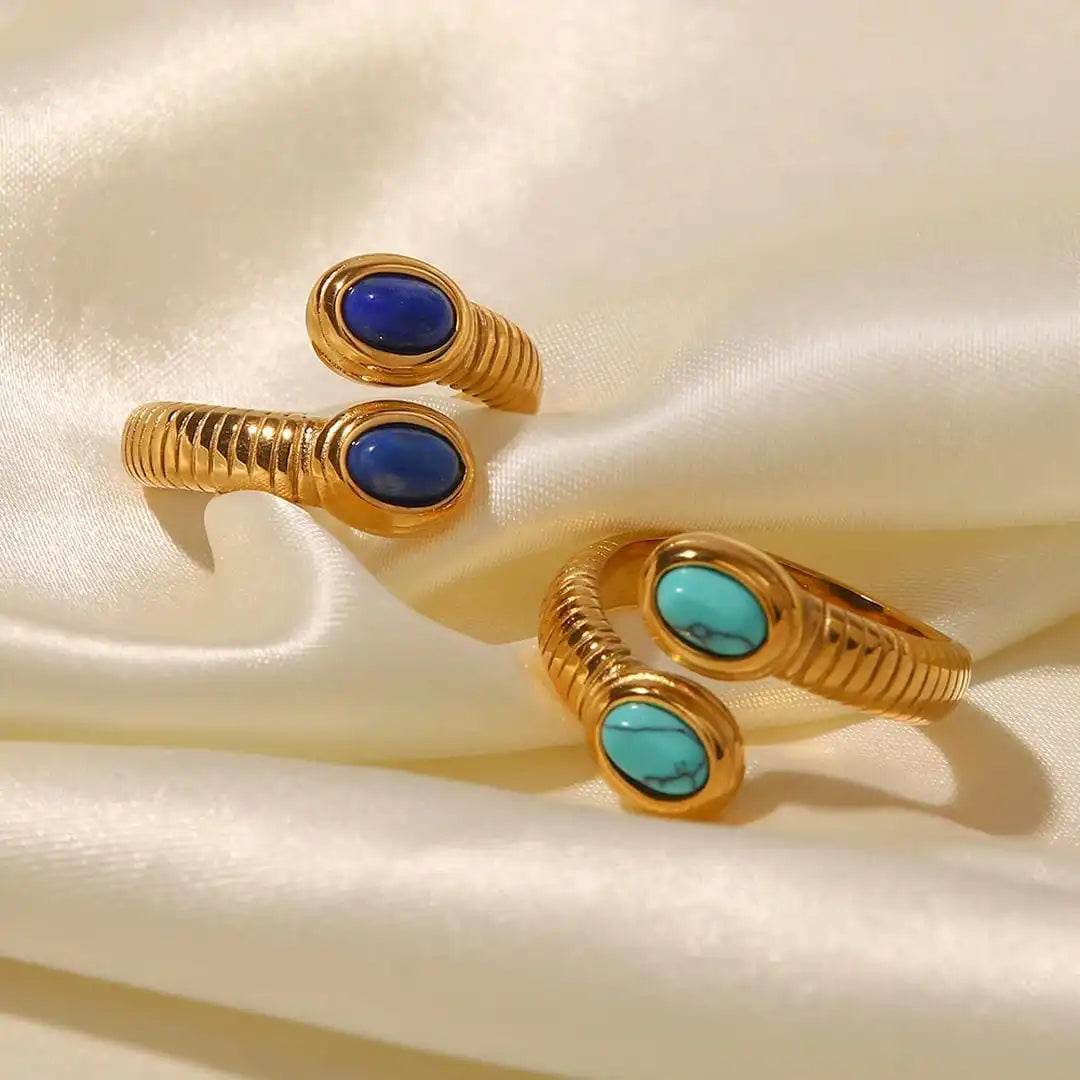 Lapis-Blue Ring and Earrings Set - Gold Tone, Adjustable Wrap Ring and Hammered Square Drops - 2 Pieces