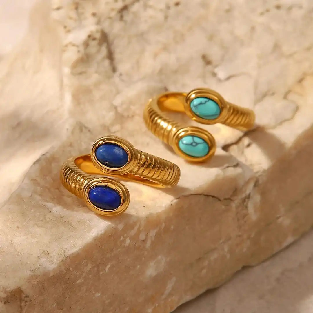 Lapis-Blue Ring and Earrings Set - Gold Tone, Adjustable Wrap Ring and Hammered Square Drops - 2 Pieces