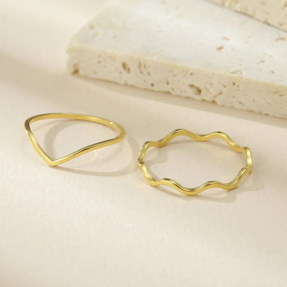 Wave & Chevron Stackable Ring Set, Gold-Plated Two-Ring Stack — main image