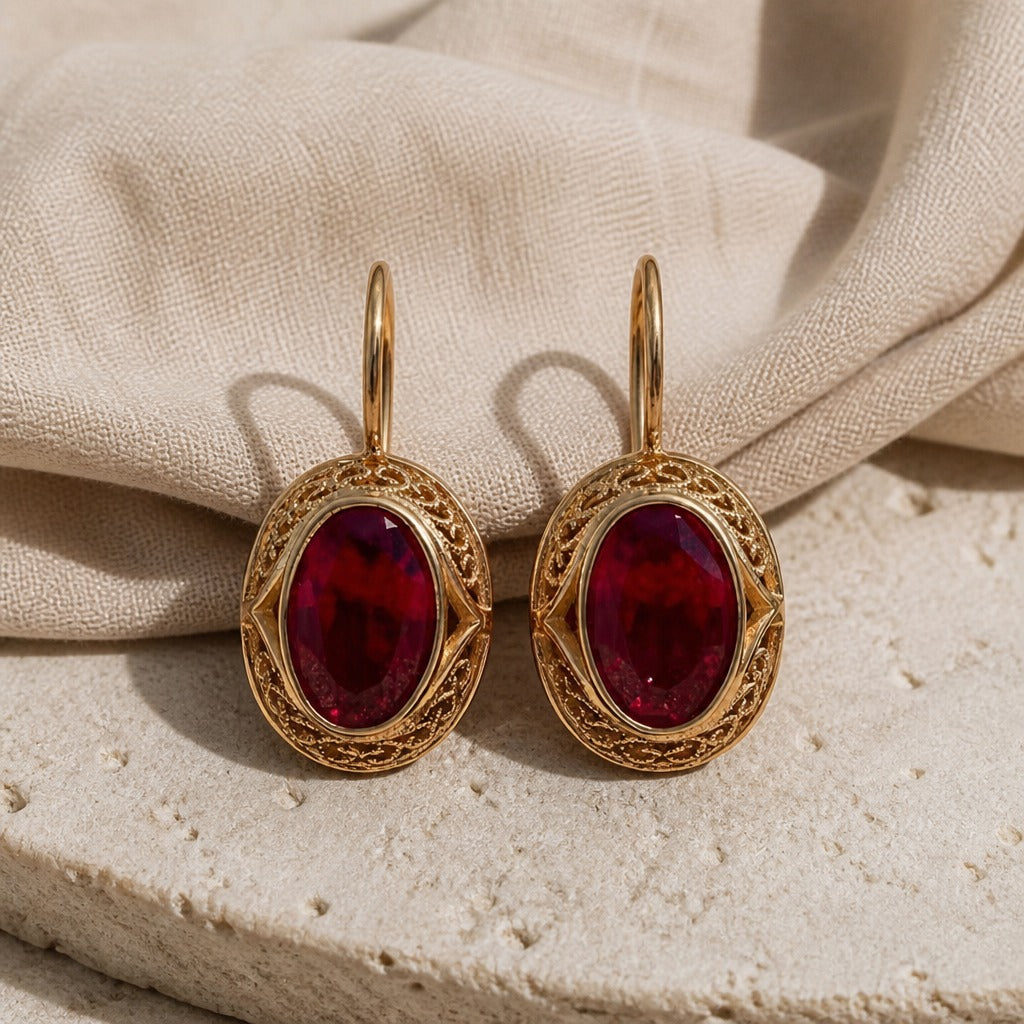 Scarlet Zircon Oval Drop Earrings with Gold-Tone Filigree Detail — main image