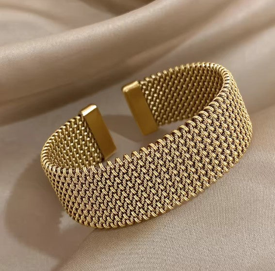 Braided Mesh Open Cuff Bracelet in Gold Tone — main image