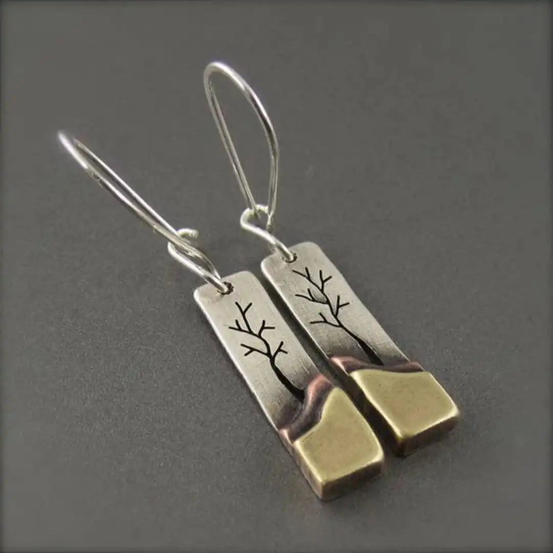 Engraved Branch Drop Earrings with Silver and Brass-Tone Finish — main image
