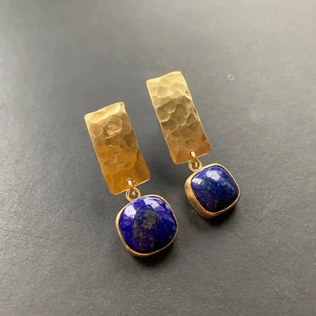 Lapis-Blue Ring and Earrings Set - Gold Tone, Adjustable Wrap Ring and Hammered Square Drops - 2 Pieces