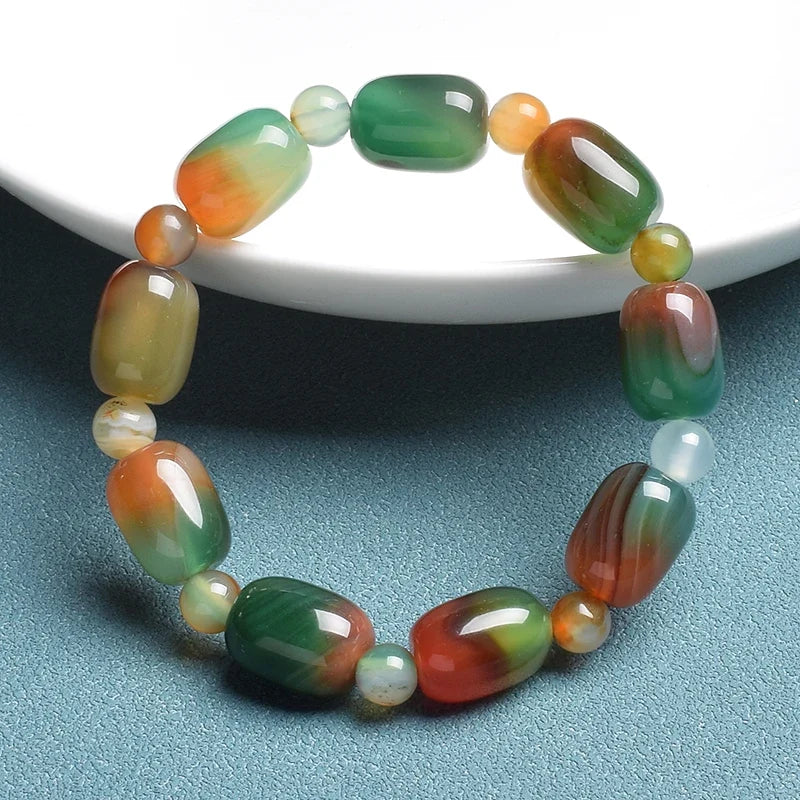 Barrel Jade and Agate Beaded Bracelet with Faceted Beads — view 5