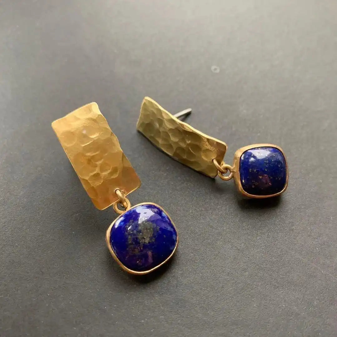 Lapis-Blue Ring and Earrings Set - Gold Tone, Adjustable Wrap Ring and Hammered Square Drops - 2 Pieces