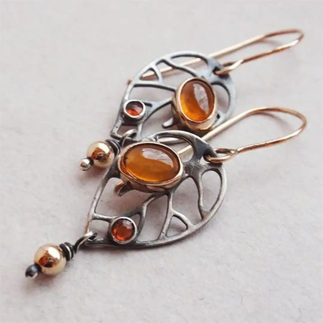 Amber-Tone Ring and Leaf Earrings Set - Antique Silver Tone, Oval Ring and Leaf Drops - 2 Pieces