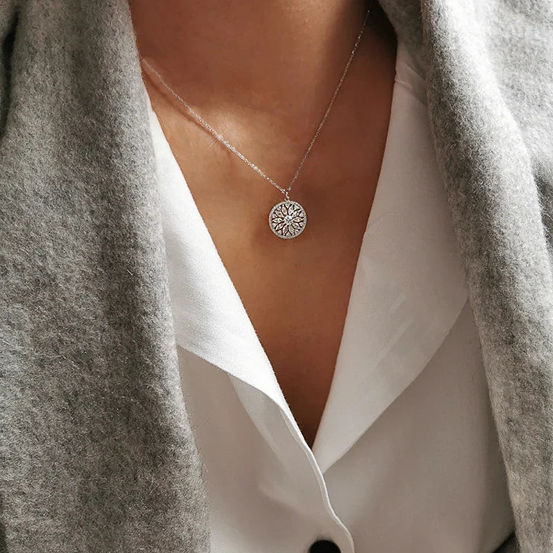 Sunflower Cubic Zirconia Pendant Necklace with Marquise Stone Setting, Gold or Silver Tone — view 3
